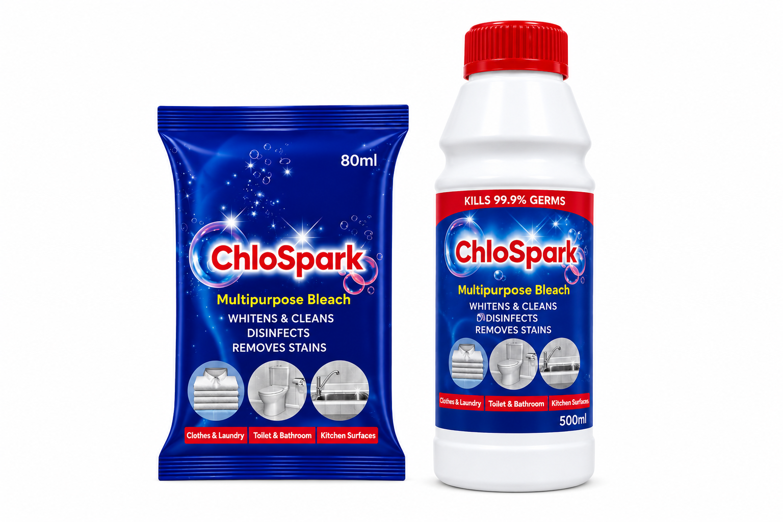 ChloSpark Multipurpose Bleach 80ml pouch and 500ml bottle